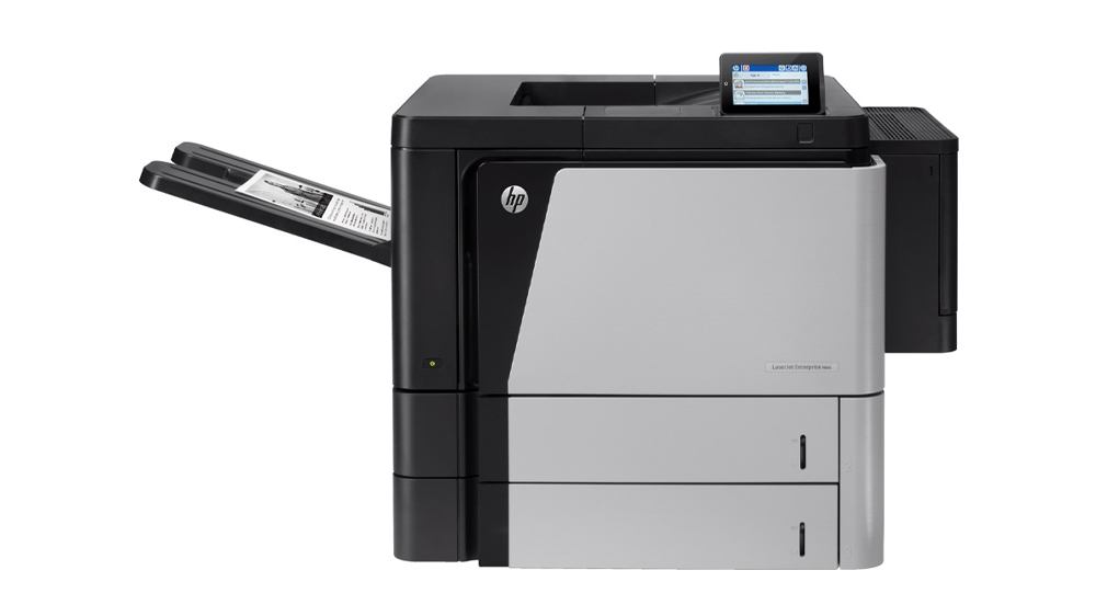 پرینتر اچپی LaserJet Enterprise M806dn با سینی خروجی باز و طراحی مشکی و نقرهای و نمایشگر لمسی