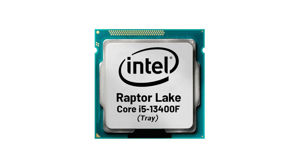 پردازنده اینتل مدل Core i5-13400F با برند Raptor Lake در وسط و پس زمینه سفید رنگ