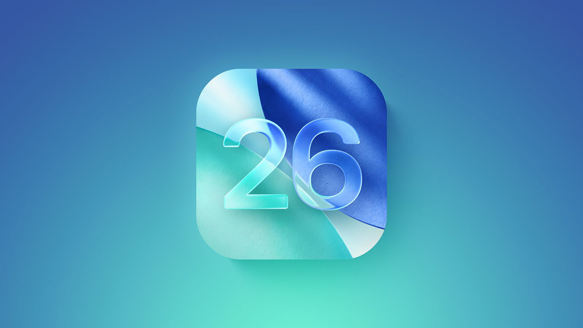 لوگو سیستم عامل iOS 26 در پس‌زمینه گرادینت سبز و آبی