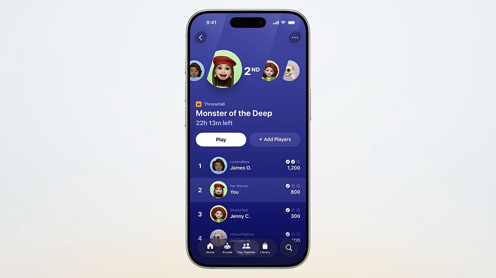 گوشی آیفون در حال نمایش برگه Play Together در برنامه Games سیستم عامل iOS 26