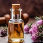 گل خار مریم و یک شیشه روغن گل خار مریم روی میز چوبی