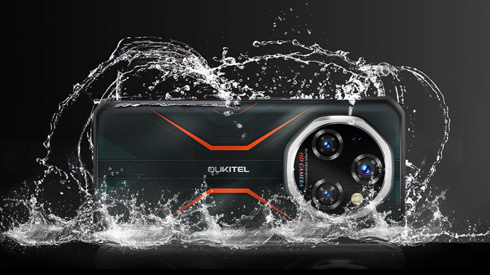 گوشی Oukitel WP55 Pro احاطهشده با آب در حال پاشش در پسزمینه تیره