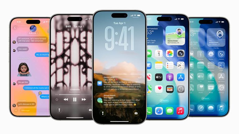 چند گوشی آیفون در حال نمایش رابط کاربری iOS 26