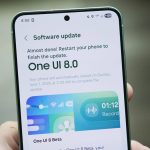 گوشی سامسونگ در حال نمایش آپدیت بتای One UI 8 در دست یک نفر در پس‌زمینه تار