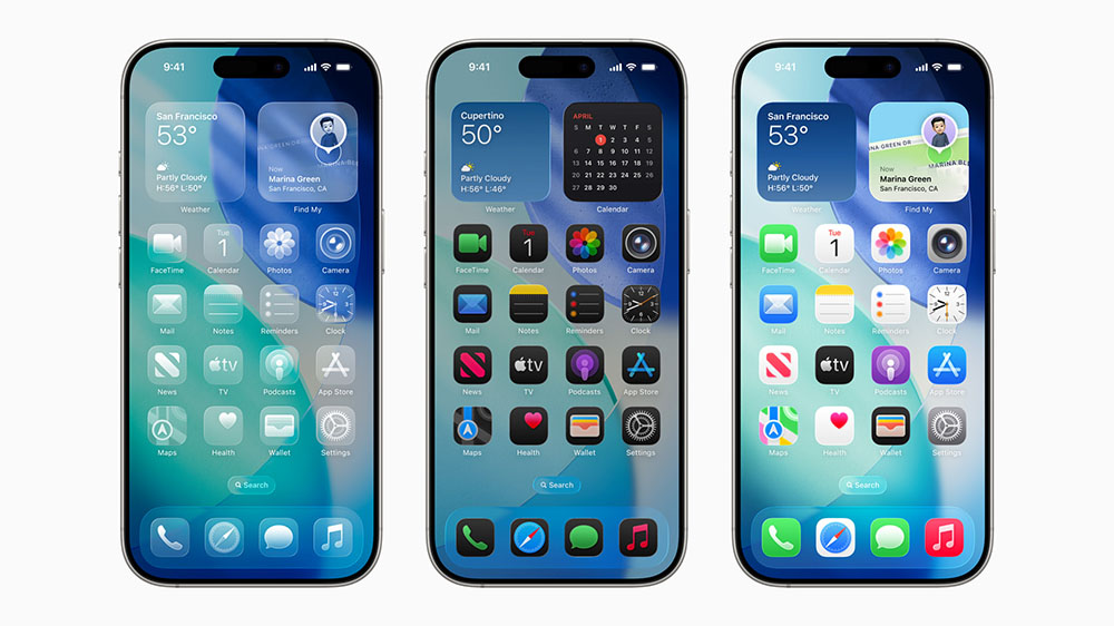 سه گوشی ایفون در حال نمایش طراحی نیمه شفاف iOS 26