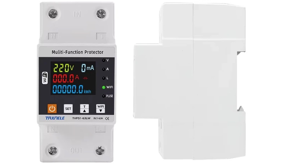 ۲ عدد محافظ برق پشت کنتور هوشمند تکسنله Tuya WiFi 63LW به رنگ سفید از زاویه روبرو و بغل