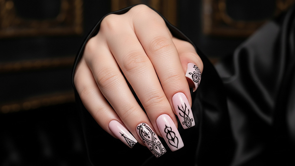 طراحی گوتیک ناخنهای دست با لاک صورتی کرم