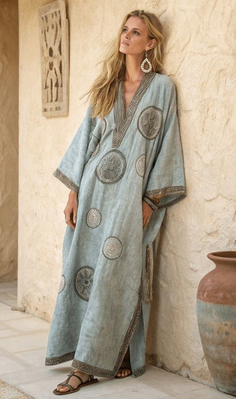 خانمی با کفتان سبز طرح دار به دیوار تکیه داده