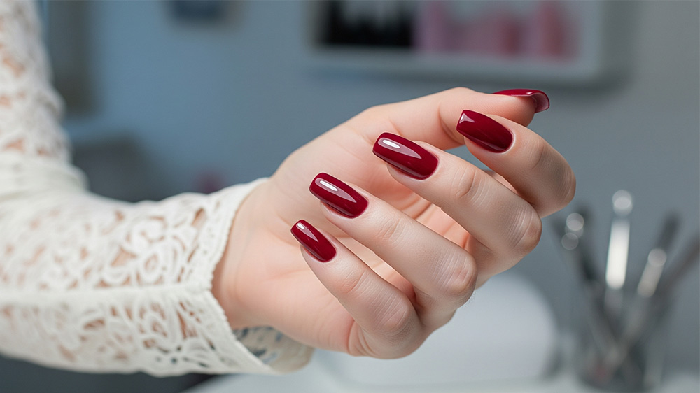 دست زن حین با ناخن‌های ژلیش زرشکی و میز تکنیسین ناخن ‌کار
