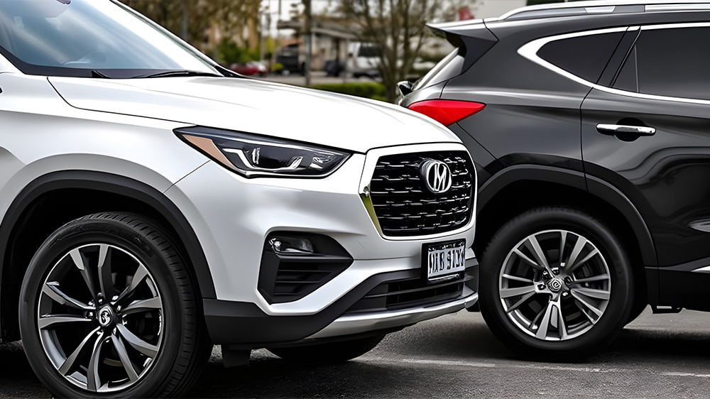 یک شاسی بلند سفید و یک شاسی بلند مشکی پارک شده کنار یکدیگر