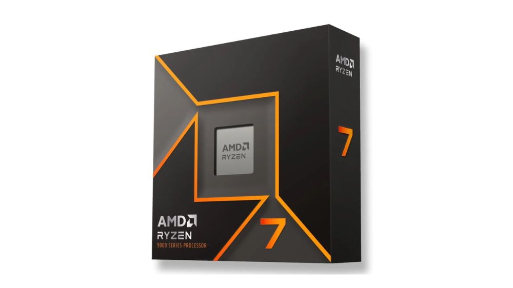 جعبه سیاه، خاکستری و نارنجی پردازنده AMD Ryzen 7 9700X با پس زمینه سفید رنگ
