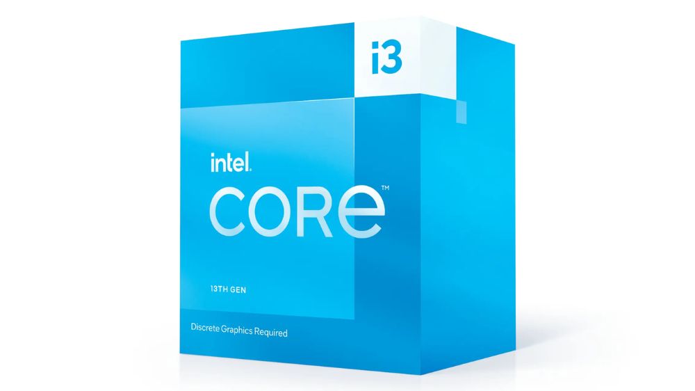 جعبه آبی رنگ پردازنده Intel Core i3-13100F با پس زمینه سفید رنگ