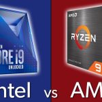جعبه آبی پردازنده اینتل Core i9 با پس‌زمینه آبی در چپ در مقابل جعبه خاکستری-نارنجی پردازنده AMD رایزن ۹ با پس‌زمینه قرمز در سمت راست