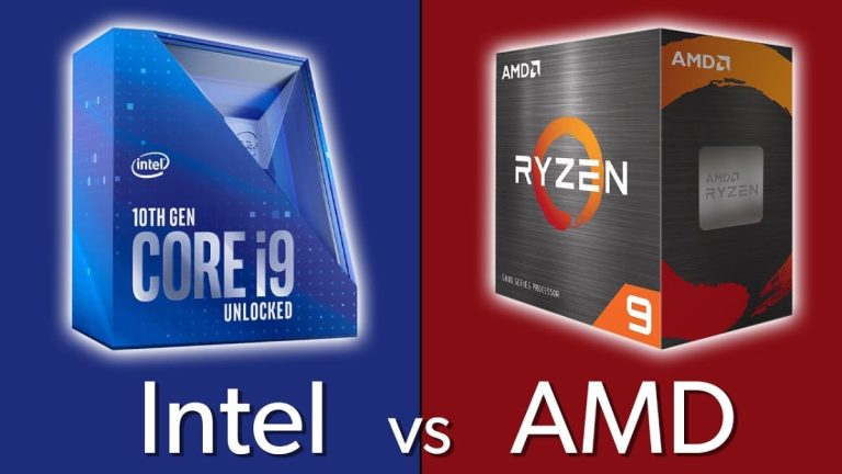 جعبه آبی پردازنده اینتل Core i9 با پسزمینه آبی در چپ در مقابل جعبه خاکستری-نارنجی پردازنده AMD رایزن ۹ با پسزمینه قرمز در سمت راست