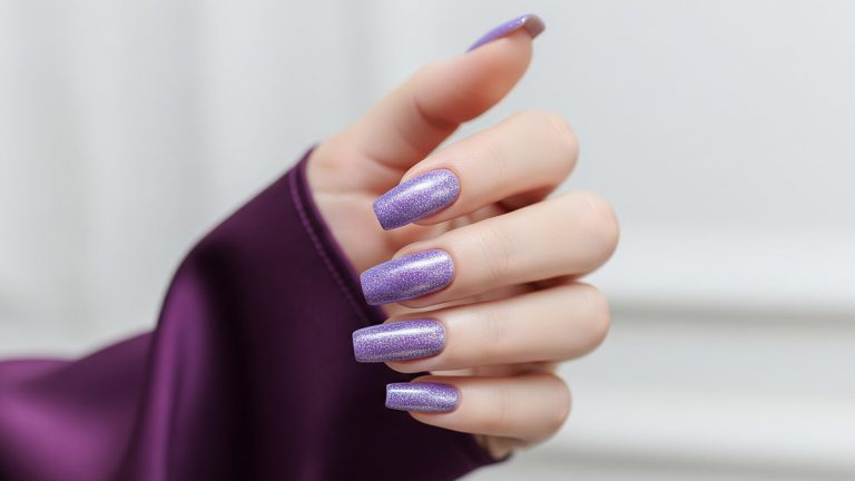 ژلیش ناخن‌‌ بلند با لاک یاسی اکلیلی
