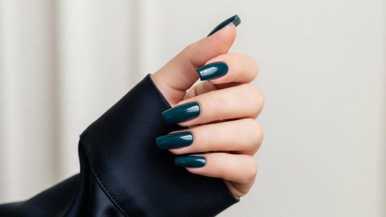 ژلیش ناخن‌های بلند با لاک سبزآبی