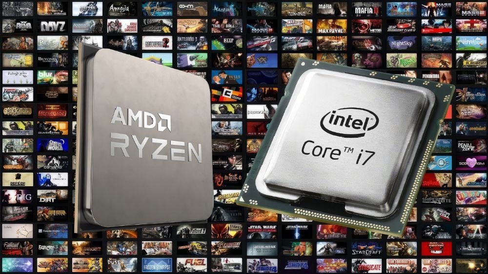 پردازنده AMD Ryzen در چپ و پردازنده اینتل Core i7 در راست که در هوا معلق هستند با پس زمینهای که پر از پوستر بازیهای ویدیویی است