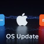 لوگو سامسونگ، اپل و شیائومی در کنار هم در پس‌زمینه با فضای تکنولوژی و نوشته OS Update زیر آن‌ها