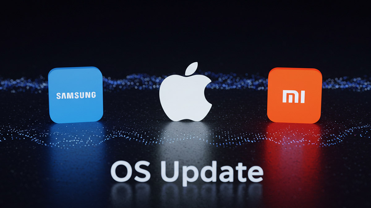 لوگو سامسونگ، اپل و شیائومی در کنار هم در پس‌زمینه با فضای تکنولوژی و نوشته OS Update زیر آن‌ها