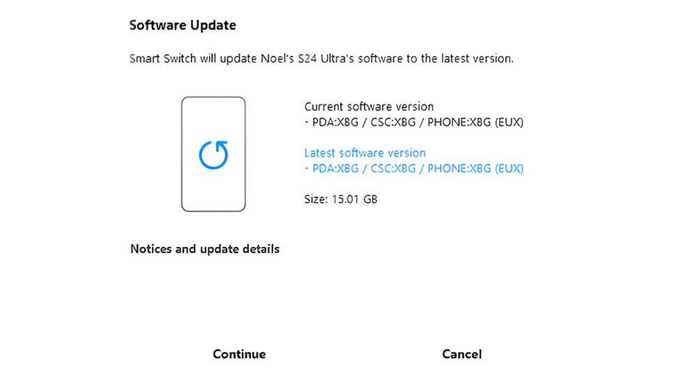 اسکرین شات در حال نمایش پیام بروزرسانی برنامه Samsung Smart Switch