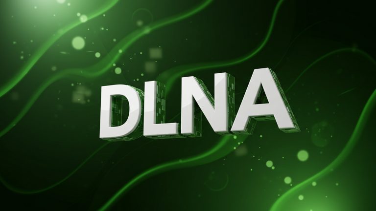 تایپوگرافی سفید DLNA در پس‌زمینه سبز با فضای تکنولوژی پیشرفته