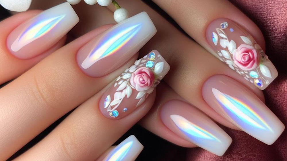 مدل ناخن با لاک سفید آمبره آینه‌ای