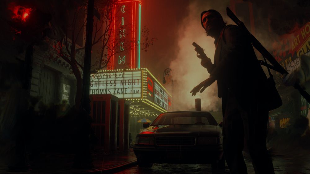 الن ویک در حال راه رفتن در خیابان با تفنگ در دست در بازی Alan Wake 2