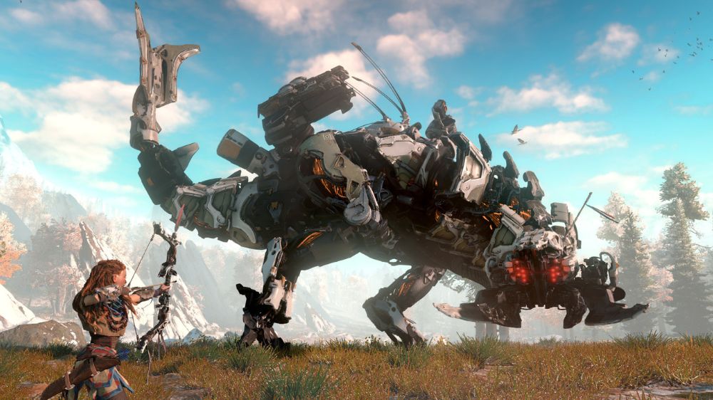 الوی در حال هدف گرفتن تیر و کمان خود به سمت Thunderjaw در بازی Horizon Zero Dawn