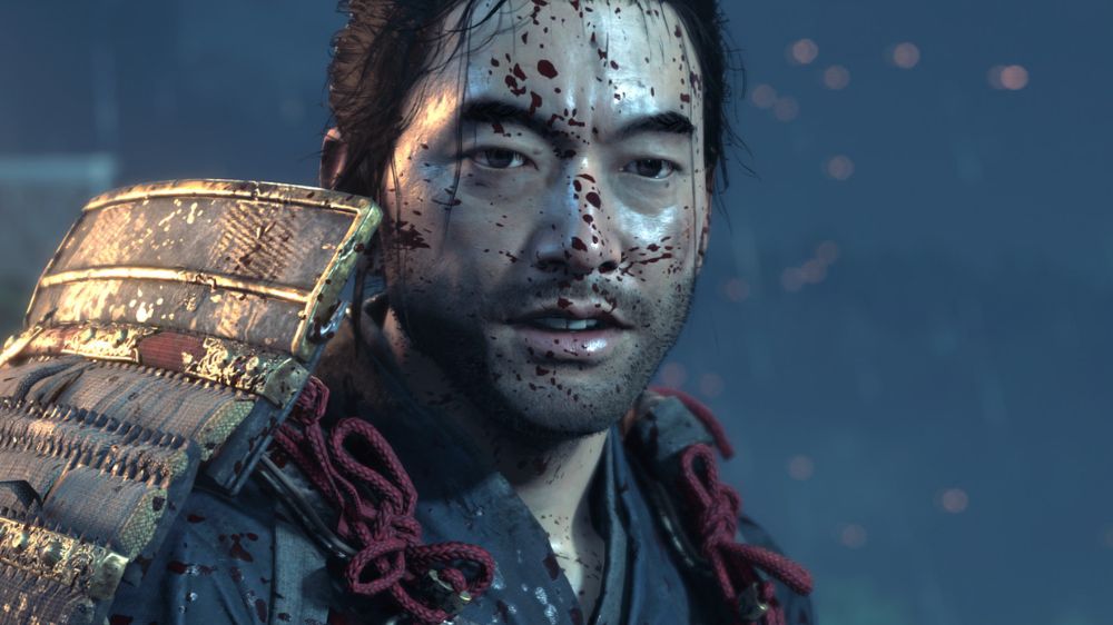نمای نزدیک از جین ساکای شخصیت بازی Ghost of Tsushima با صورت خونی