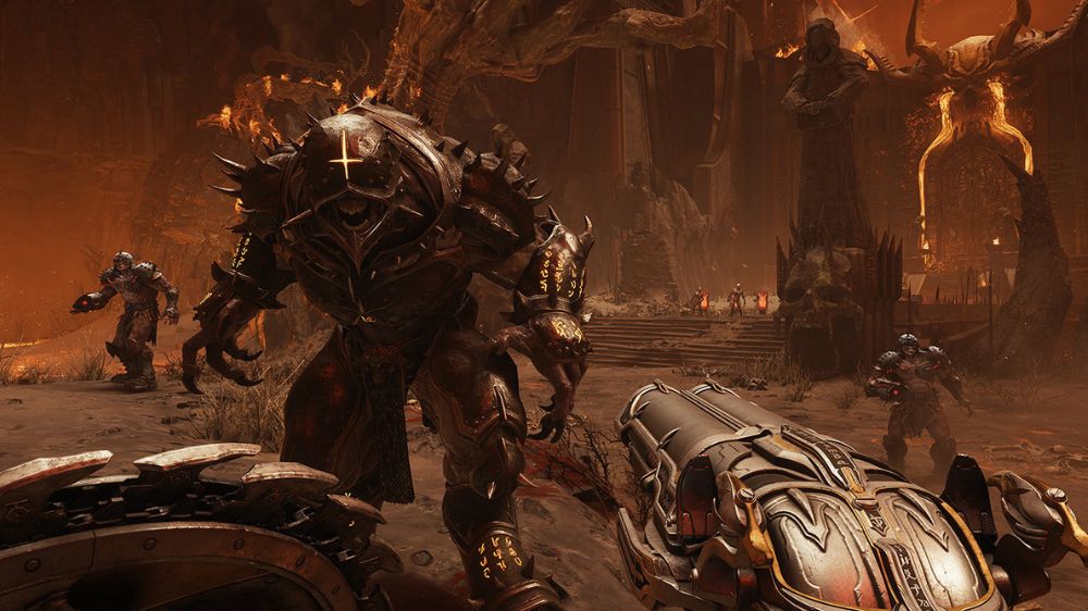 شخصیت اصلی بازی Doom The Dark Ages در حال هدف گرفتن یک هیولا با تفنگ