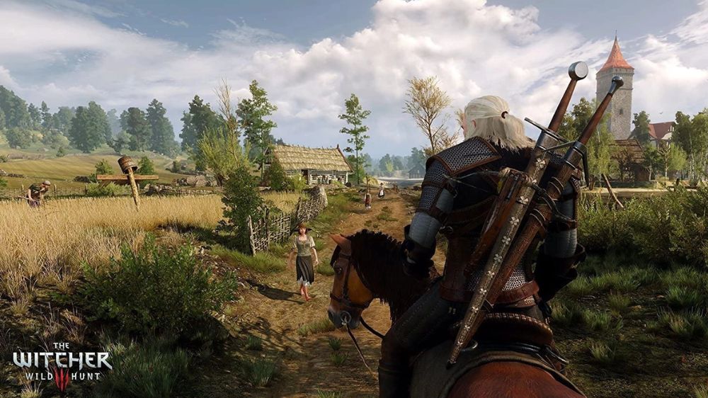 گرالت سوار بر اسب در منطقه روستایی در بازی The Witcher 3 Wild Hunt