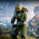 آرت ورک بازی Halo Infinite در حال نمایش مستر چیف با یک تفنگ با منظره طبیعی در پس‌زمینه