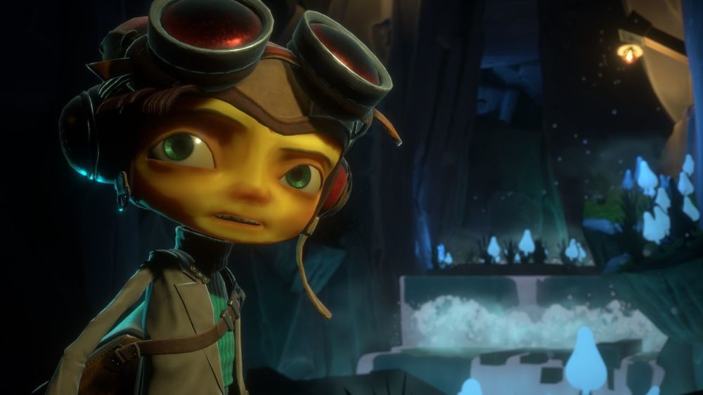 شخصیت رز بازی Psychonauts 2 با قارچ‌های آبی درخشان در پس‌زمینه