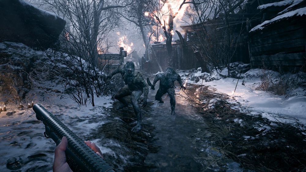 شخصیت اصلی بازی Resident Evil Village با شاتگان در دست مقابل زامبیهای در حال حمله