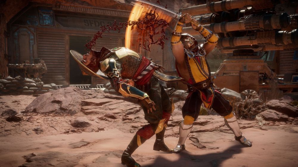 اسکورپیون در حال حمله به ریدن در بازی Mortal Kombat11