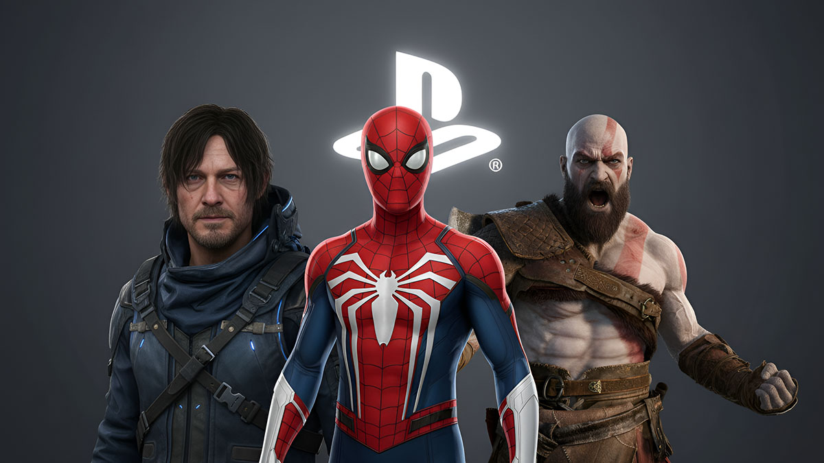 اسپایدر من، کریتوس و سم پورتر در کنار هم در پس‌زمینه مینیمال خاکستری با لوگو PS4