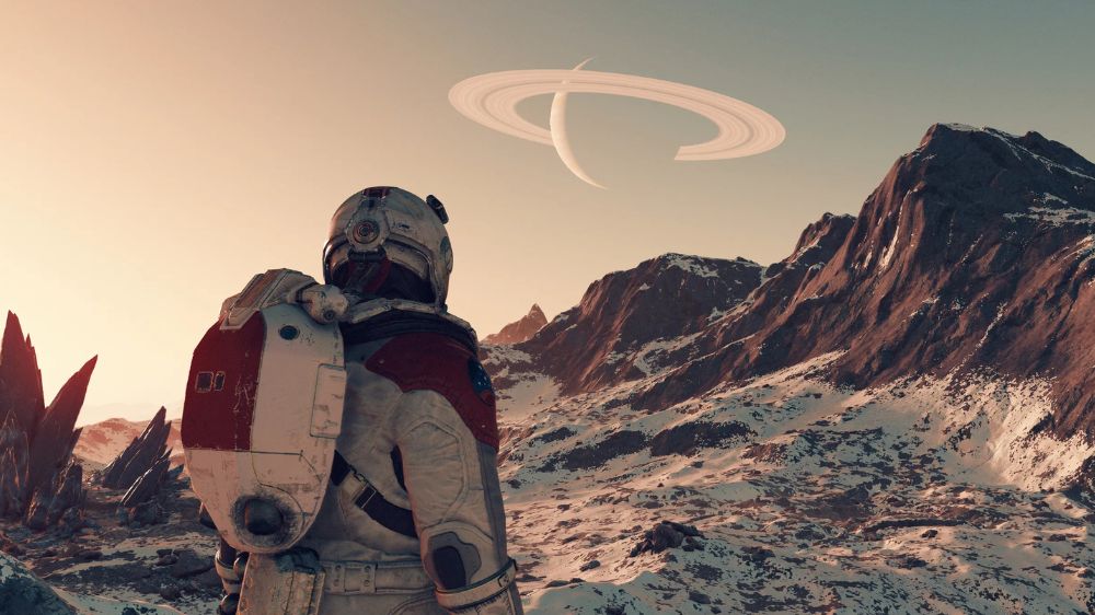 شخصیت بازی Starfield ایستاده روی زمین برفی در کوه