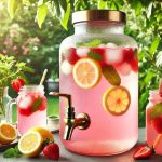 کلمن شیشه‌ای بخار زده پر از لیموناد صورتی با نعناع و توت‌فرنگی در یک روز آفتابی