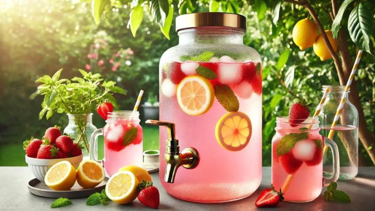 کلمن شیشه‌ای بخار زده پر از لیموناد صورتی با نعناع و توت‌فرنگی در یک روز آفتابی