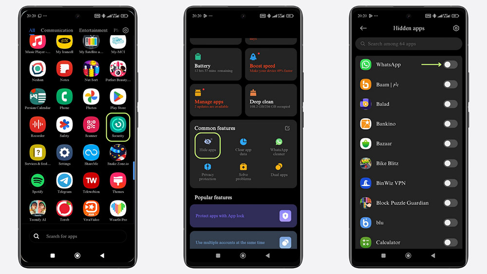 سه گوشی شیائومی در حال نمایش نحوه مخفی کردن برنامه با استفاده از قابلیت Hidden Apps