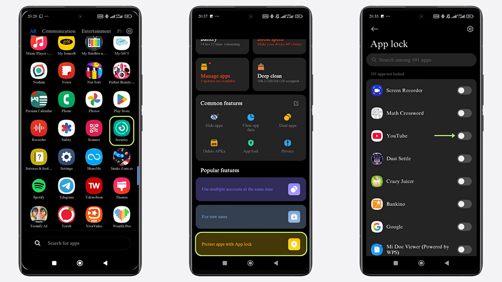 سه گوشی شیائومی در حال نمایش روش مخفی کردن برنامه از طریق قابلیت App Lock