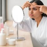 دختر جوان در حال نگاه کردن به جوش صورتش در آینه با چهره درهم