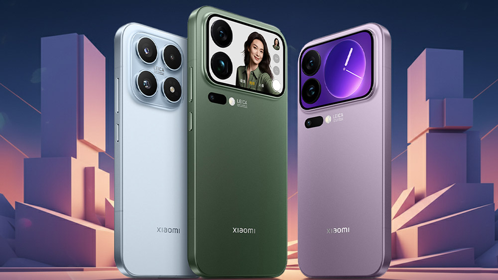 شیائومی ۱۷ آبی، شیائومی ۱۷ پرو مکس سبز و شیائومی ۱۷ بنفش در کنار هم در پس‌زمینه آبی و صورتی با اشکال هندسی