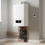 یک پکیج دیواری سفید رنگ با لوله‌های مسی نصب‌شده روی دیوار کنار یک پنجره