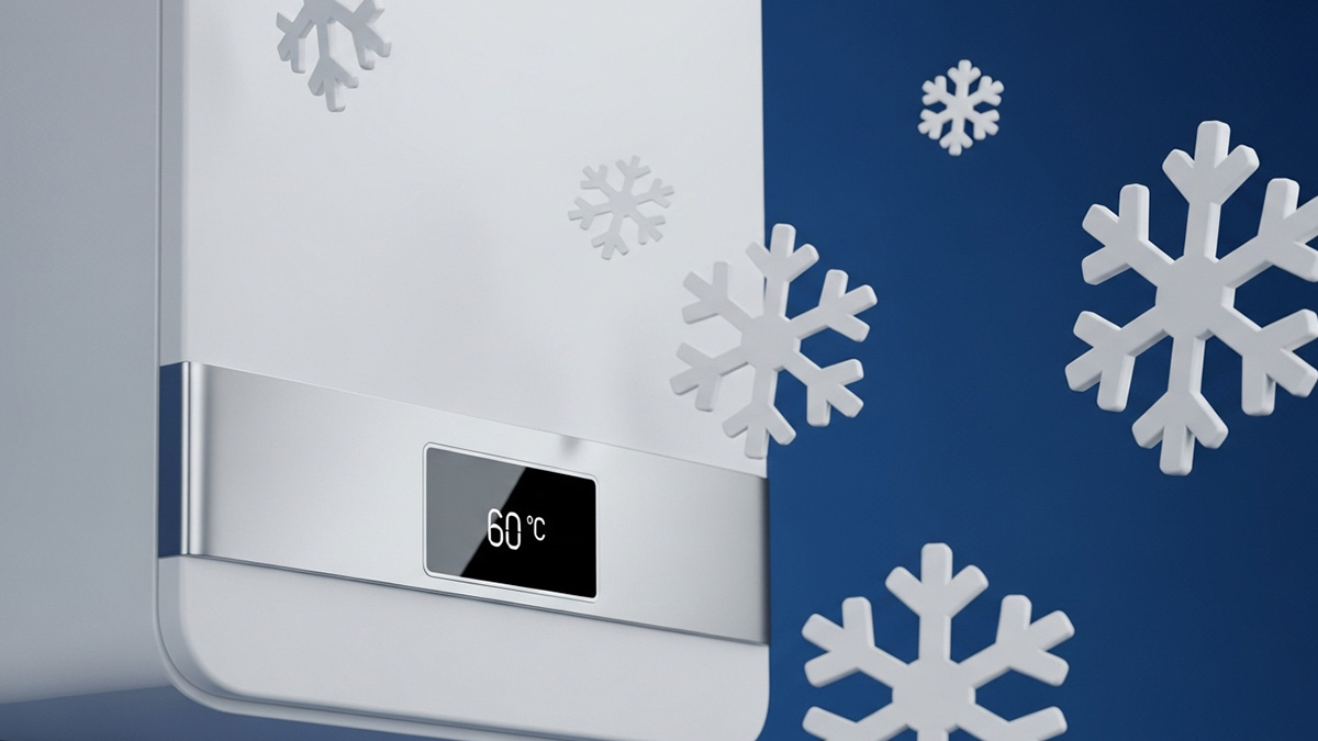 نمای نزدیک از یک پکیج دیواری با دانه‌های برف در پس‌زمینه آبی تیره