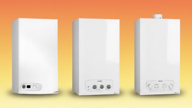 پکیج‌های دیواری Eco 22FF ،M24FF و L28FF ایران رادیاتور در پس‌زمینه گرادینت زرد، قرمز و سفید