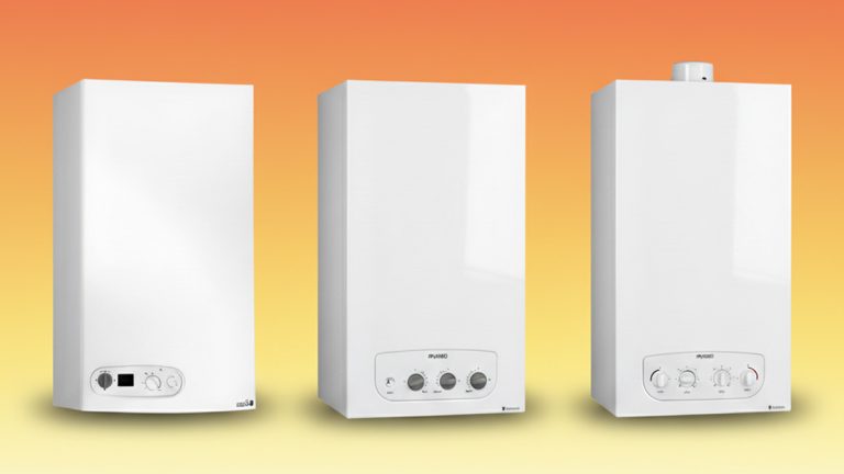 پکیج‌های دیواری Eco 22FF ،M24FF و L28FF ایران رادیاتور در پس‌زمینه گرادینت زرد، قرمز و سفید