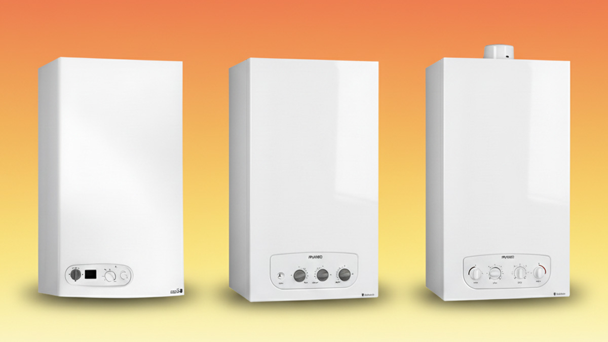 پکیج‌های دیواری Eco 22FF ،M24FF و L28FF ایران رادیاتور در پس‌زمینه گرادینت زرد، قرمز و سفید