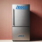 یک یخچال از برند لئوکو روبه‌روی دیواری قهوه‌ای و سفید