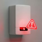 پکیج دیواری با علامت قرمز هشدار شناور روی دیوار مینیمال سفید